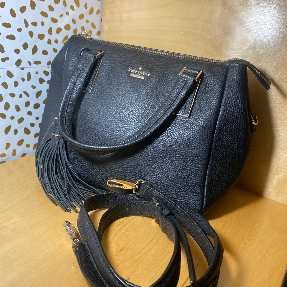 kate spade Black Pebbled Leather Shoulder Bag with Tassel